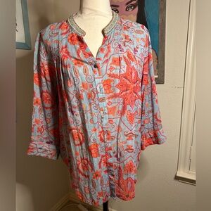 Soft Surroundings Floral Pintuck Embroidered Collar Blouse - Red and Blue XS